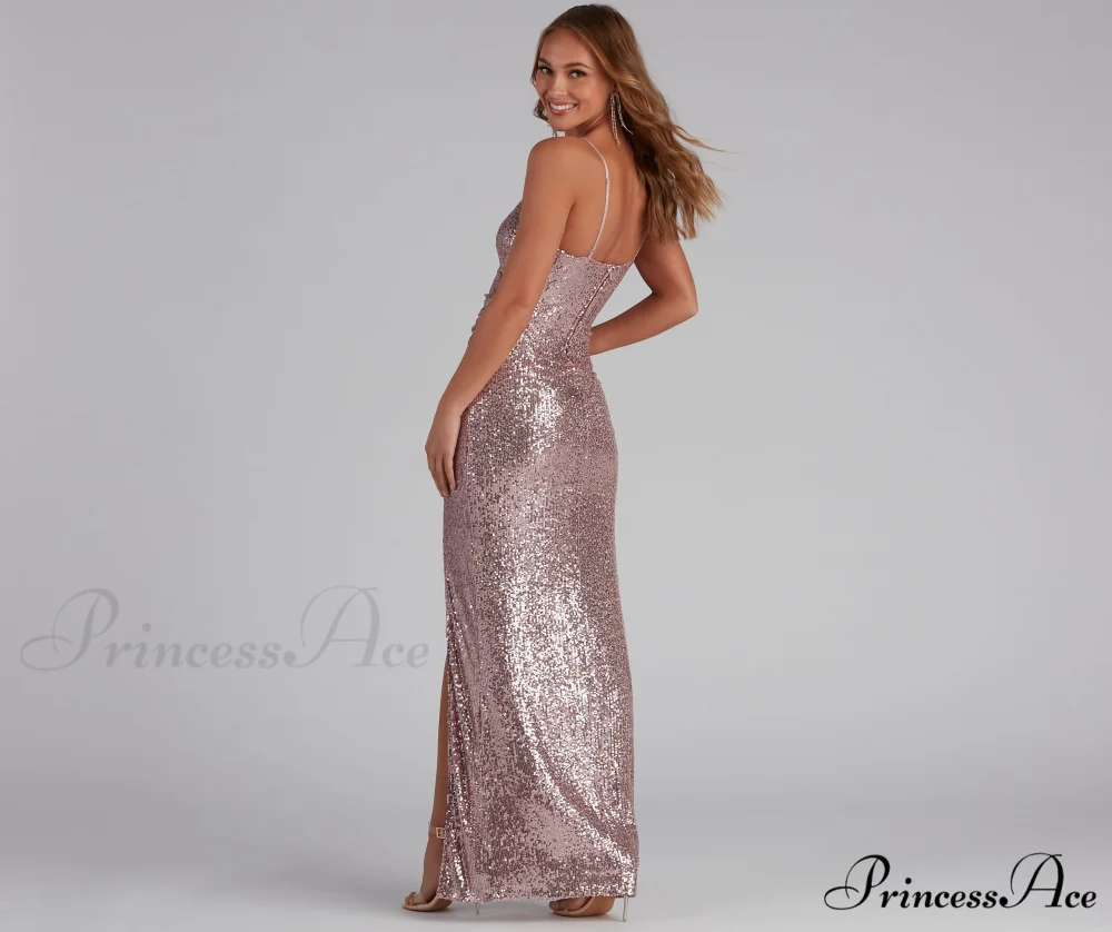 Jewel Formal High Charming Slit Sequin Dress - Image 2