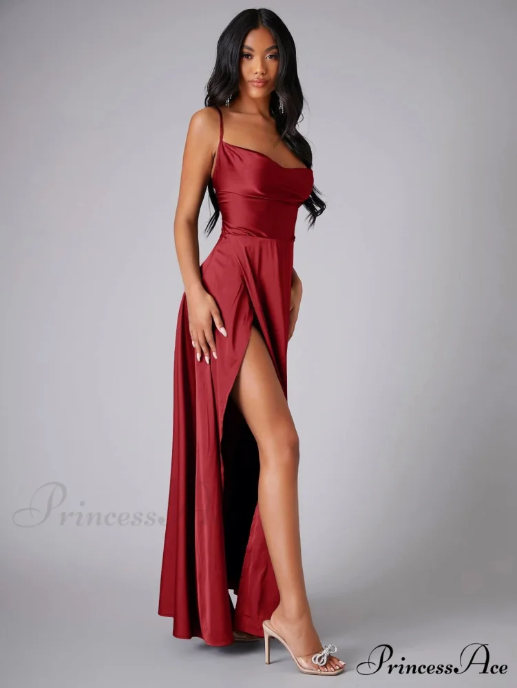 Lola High Stylish Slit Satin Dress - Image 9