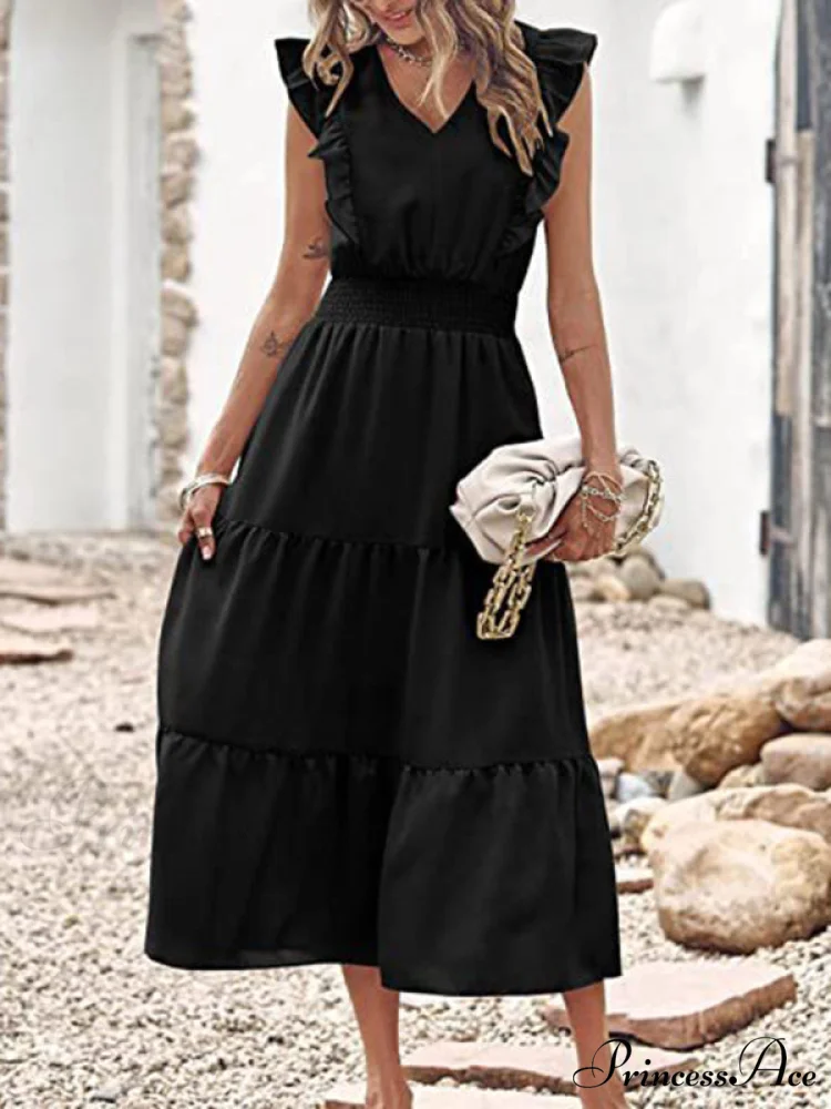 Tiered for Full-Length Flutter Color Chiffon Solid Arm Gown Women - Image 10