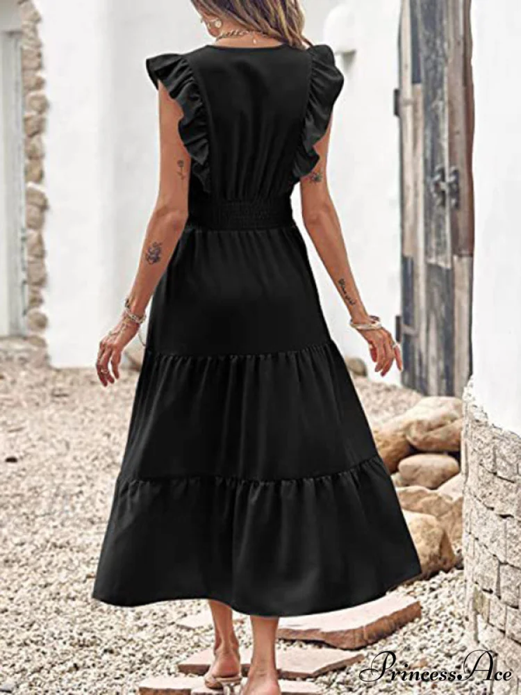 Tiered for Full-Length Flutter Color Chiffon Solid Arm Gown Women - Image 11