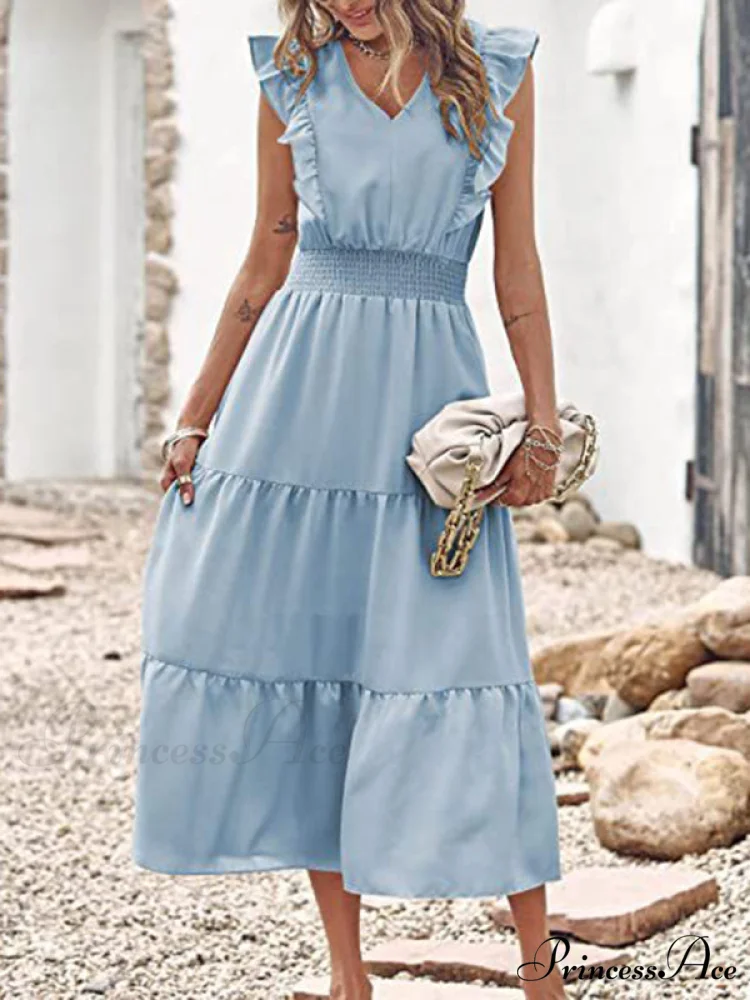 Tiered for Full-Length Flutter Color Chiffon Solid Arm Gown Women - Image 3
