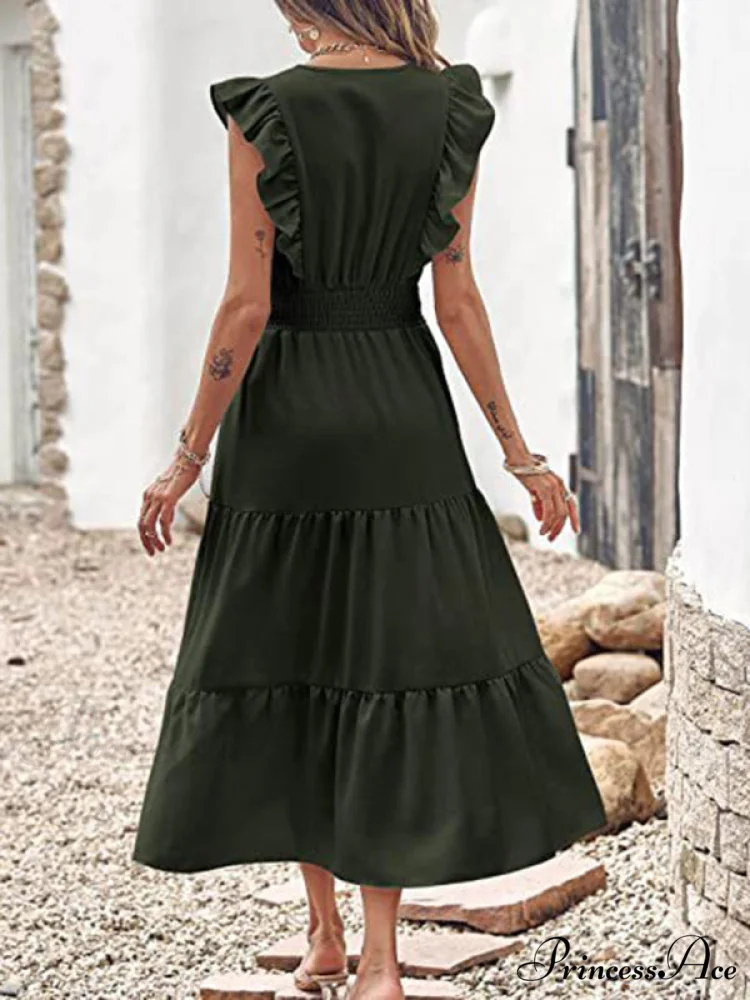 Tiered for Full-Length Flutter Color Chiffon Solid Arm Gown Women - Image 6