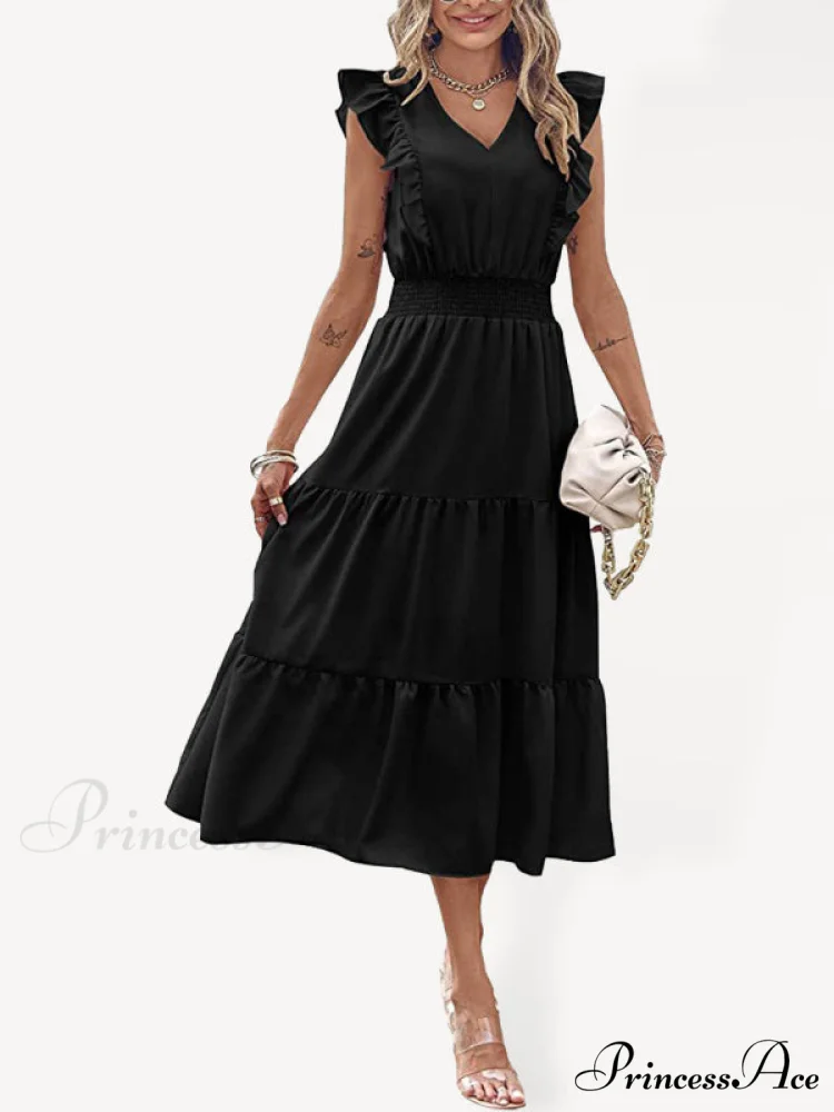 Tiered for Full-Length Flutter Color Chiffon Solid Arm Gown Women - Image 9