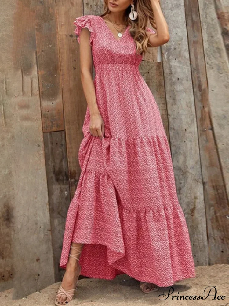 and swing long print skirt women's Spring V-neck large with floral design - Image 5