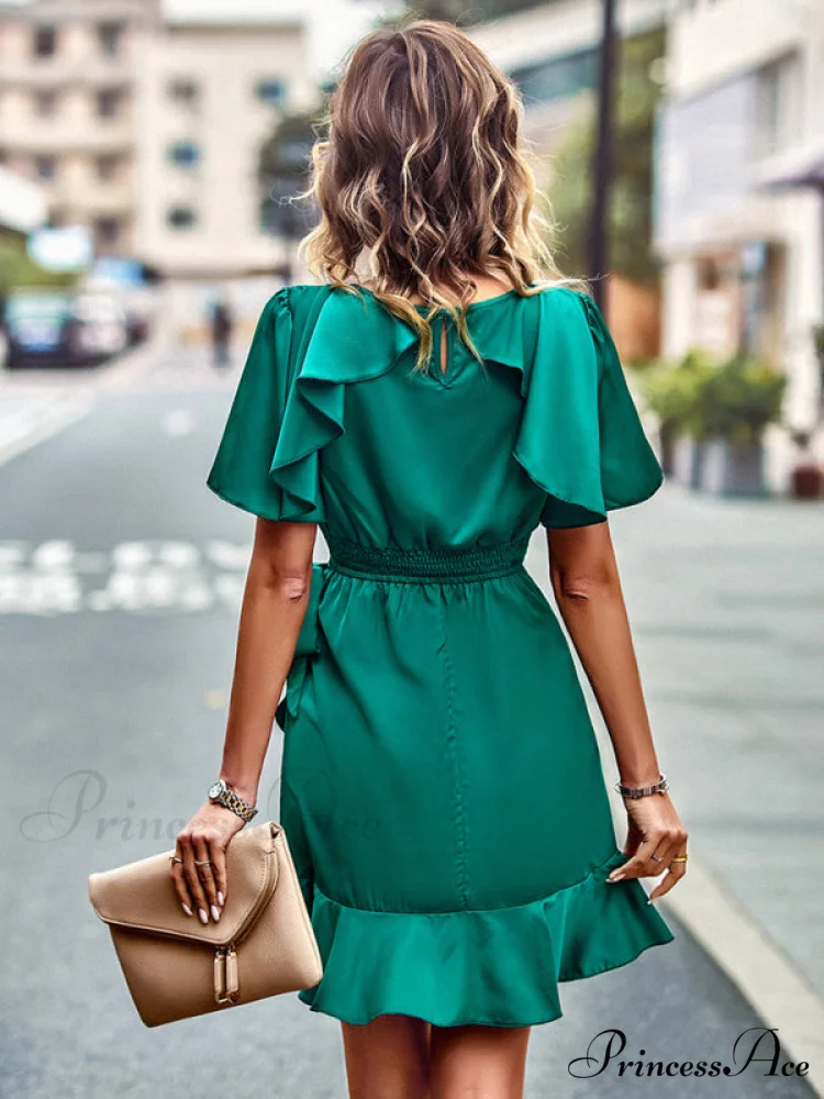 Tie Gown Color Solid Ruffle Waist for Women - Image 13