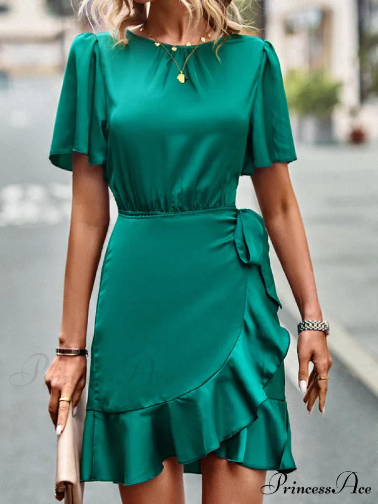 Tie Gown Color Solid Ruffle Waist for Women - Image 14