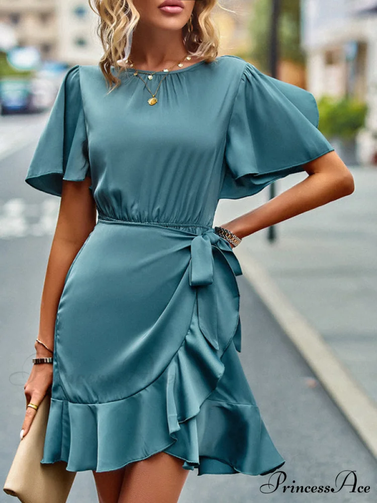 Tie Gown Color Solid Ruffle Waist for Women - Image 19