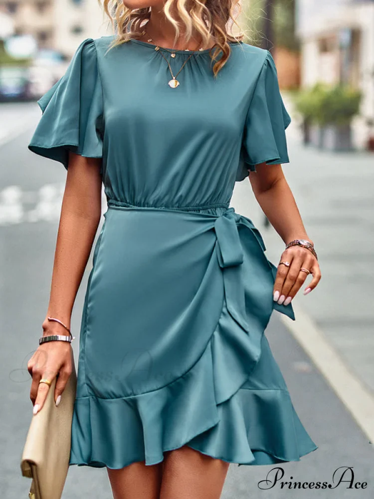 Tie Gown Color Solid Ruffle Waist for Women - Image 20