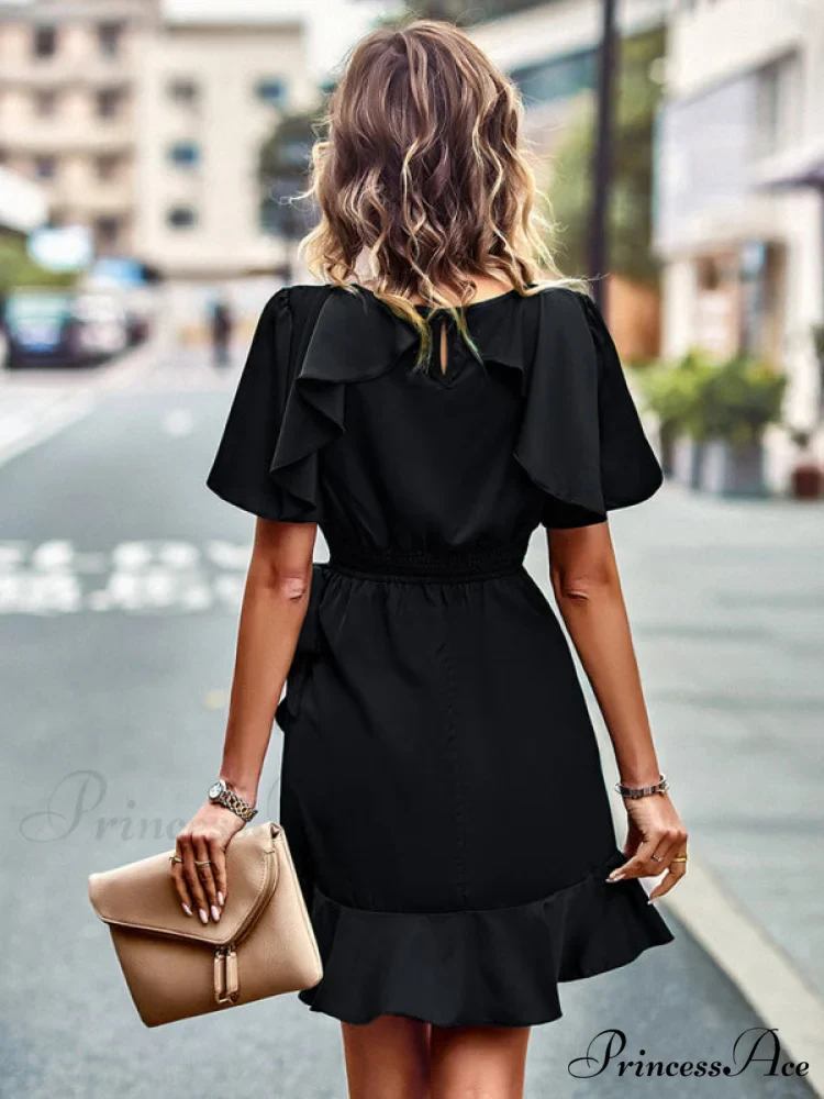 Tie Gown Color Solid Ruffle Waist for Women - Image 4