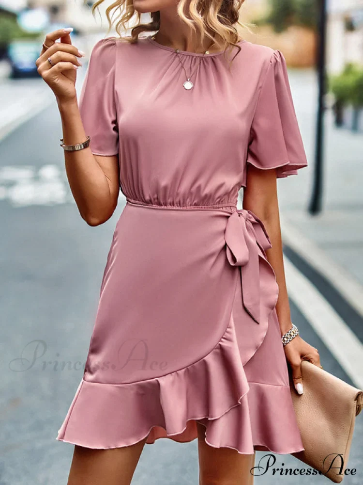 Tie Gown Color Solid Ruffle Waist for Women - Image 7