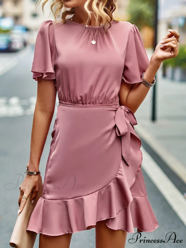 Tie Gown Color Solid Ruffle Waist for Women - Image 8