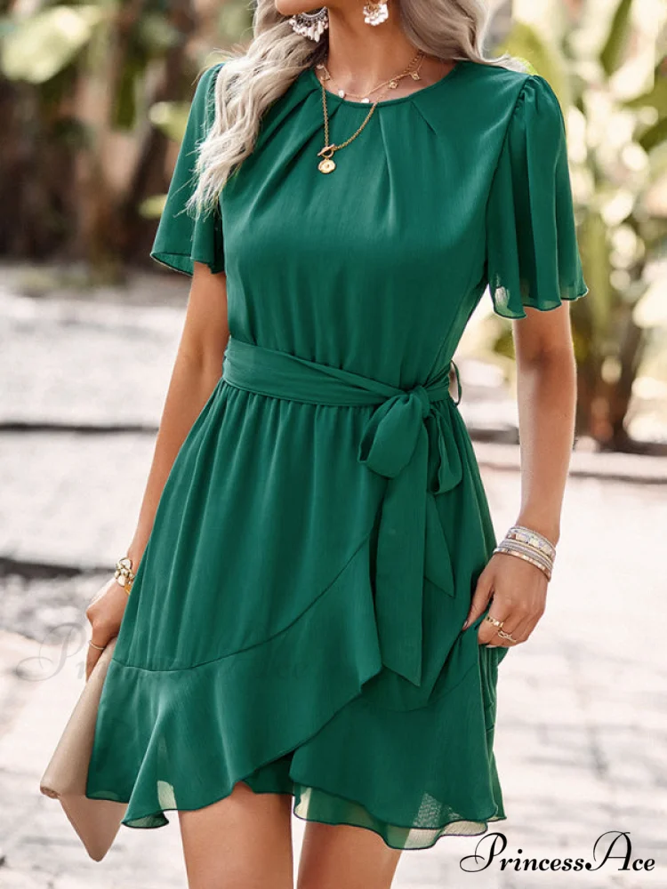 Arm Tie Hem for Flutter Waist Color Ruffle Solid Gown Women - Image 6