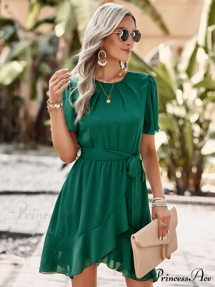 Arm Tie Hem for Flutter Waist Color Ruffle Solid Gown Women - Image 9