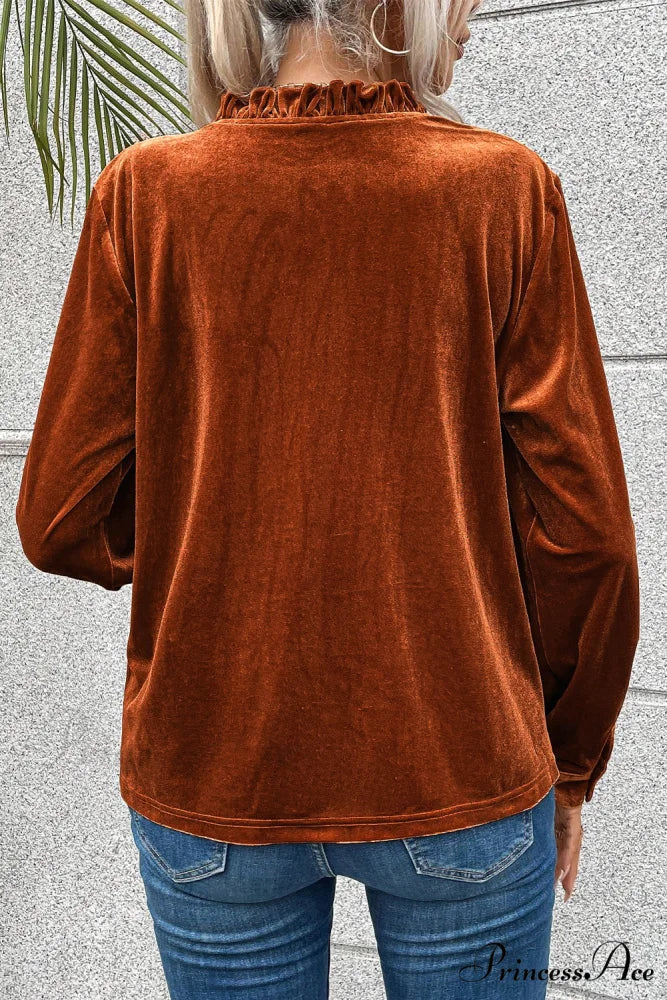 Blouse Frilled Flame Gold Velvet with Collar - Image 2