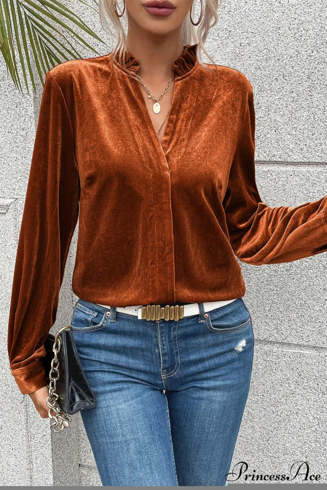 Blouse Frilled Flame Gold Velvet with Collar - Image 3