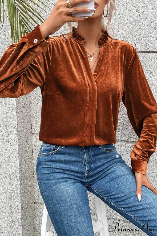 Blouse Frilled Flame Gold Velvet with Collar - Image 4
