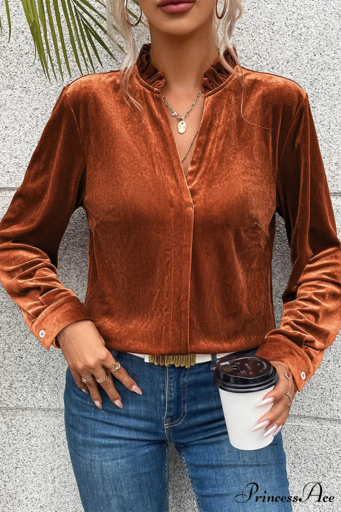 Blouse Frilled Flame Gold Velvet with Collar - Image 5