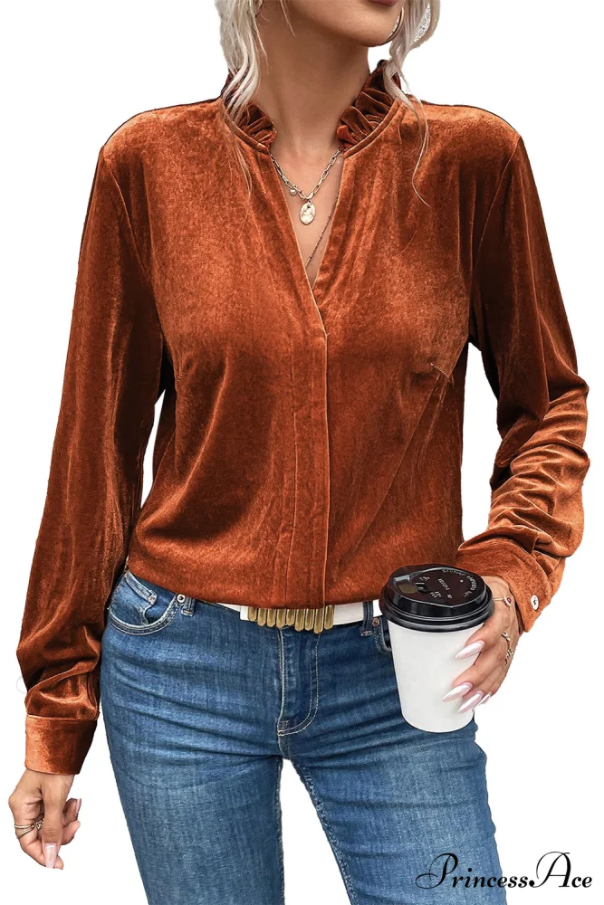 Blouse Frilled Flame Gold Velvet with Collar - Image 6