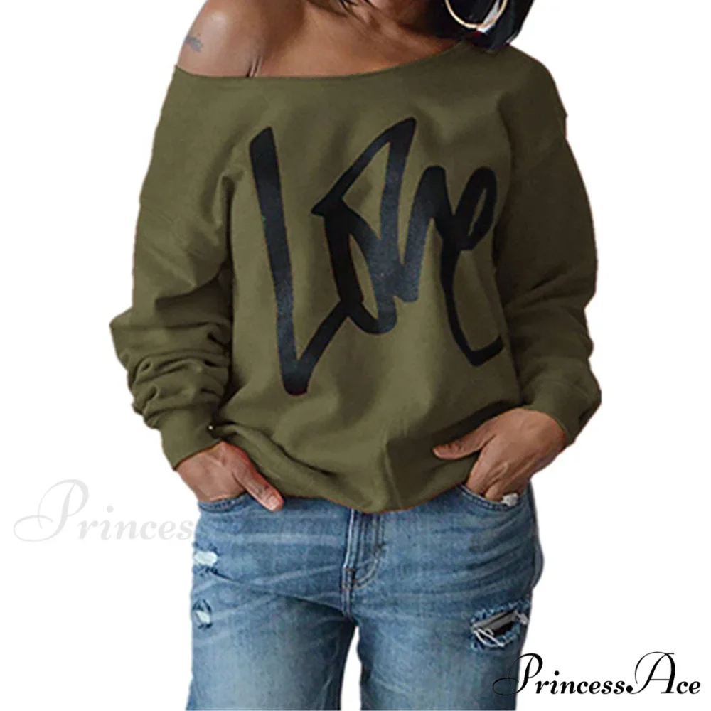Love Tops Pullover for Patterned Off Slouchy Shoulder Sweatshirt Letter Women - Image 3