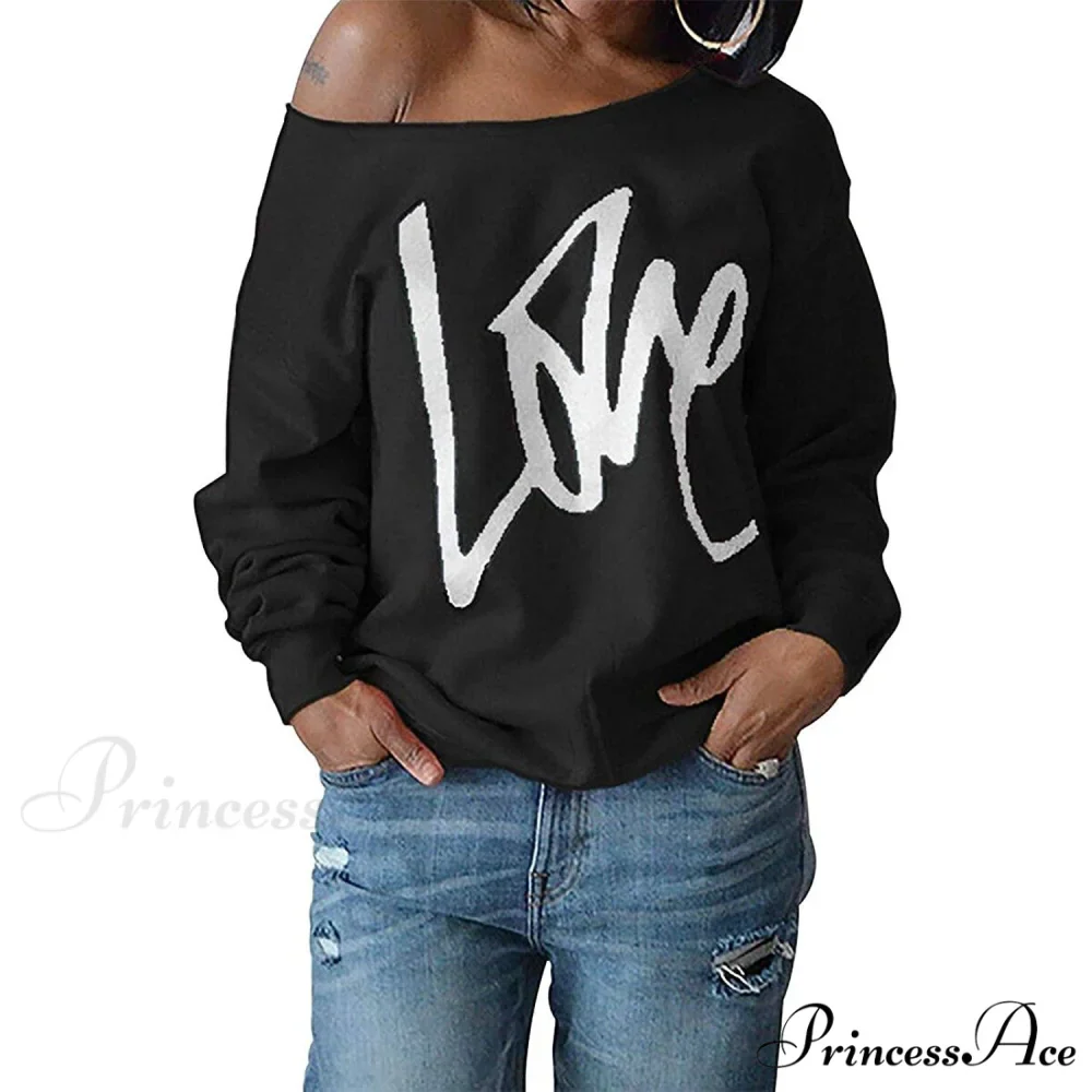 Love Tops Pullover for Patterned Off Slouchy Shoulder Sweatshirt Letter Women - Image 4