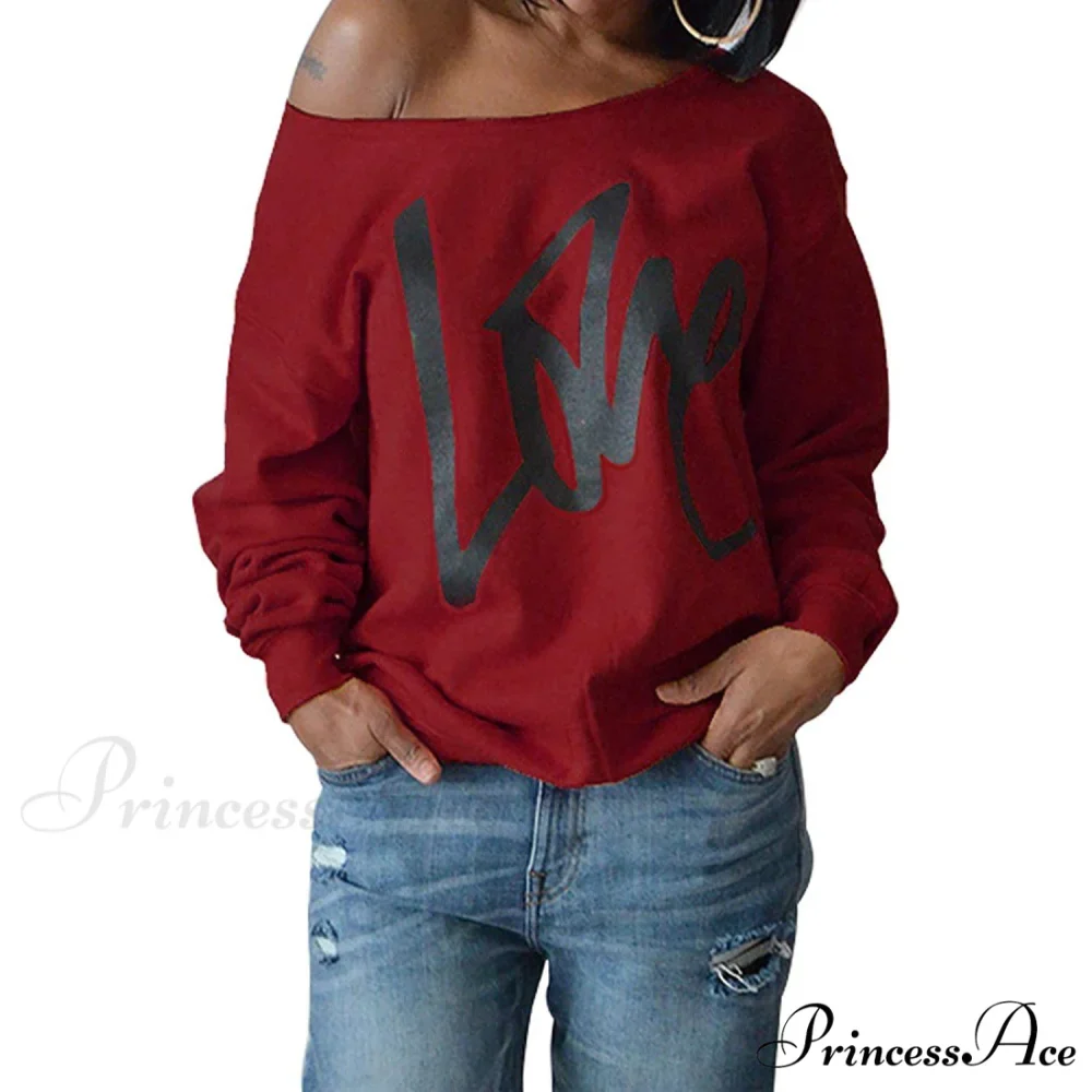 Love Tops Pullover for Patterned Off Slouchy Shoulder Sweatshirt Letter Women - Image 5