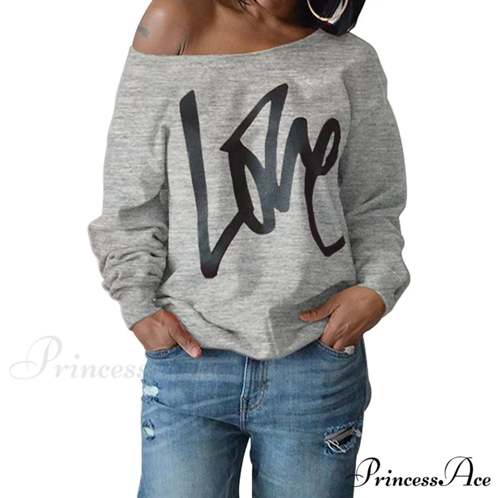 Love Tops Pullover for Patterned Off Slouchy Shoulder Sweatshirt Letter Women - Image 6