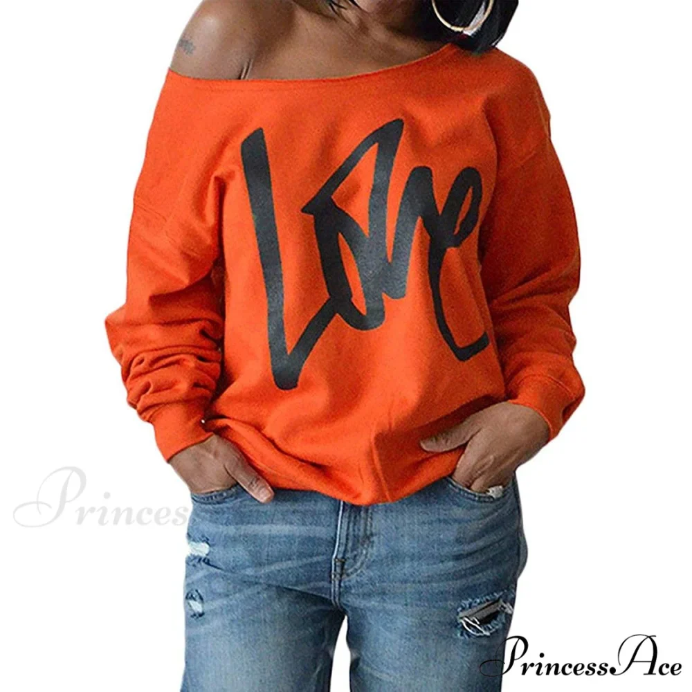 Love Tops Pullover for Patterned Off Slouchy Shoulder Sweatshirt Letter Women - Image 7