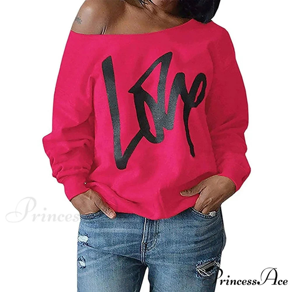Love Tops Pullover for Patterned Off Slouchy Shoulder Sweatshirt Letter Women - Image 8