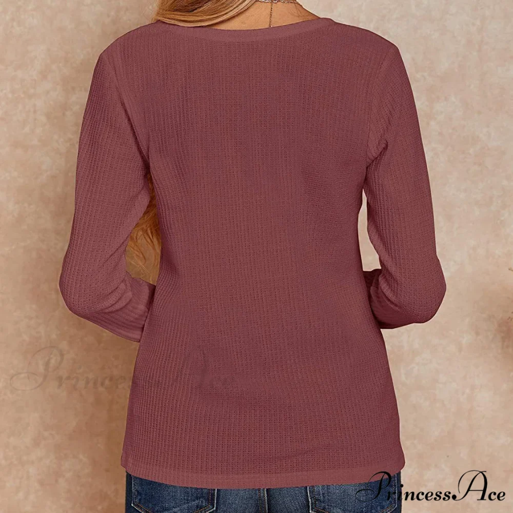 Waffle Neck Tops Knit Henley V for Women - Image 10