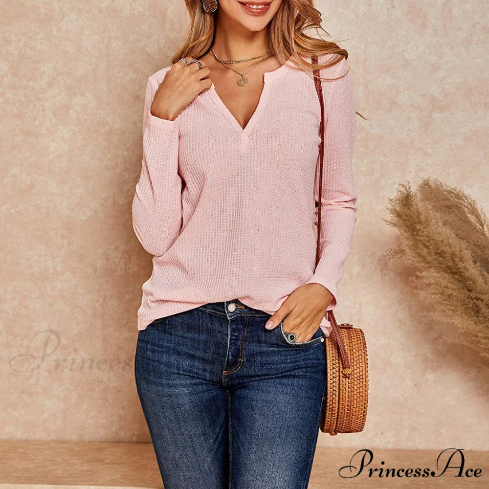 Waffle Neck Tops Knit Henley V for Women - Image 12