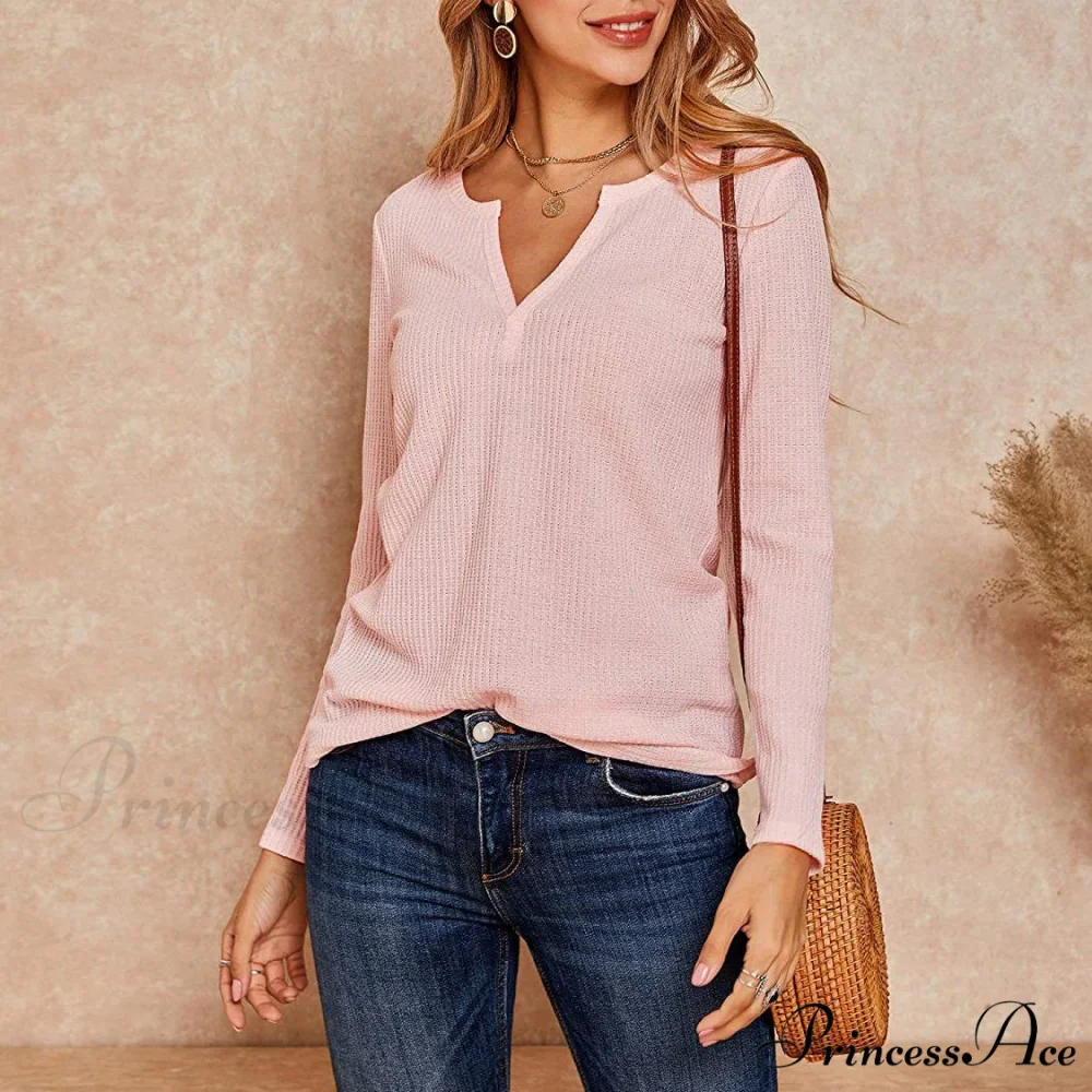 Waffle Neck Tops Knit Henley V for Women - Image 13