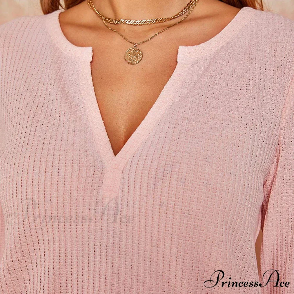 Waffle Neck Tops Knit Henley V for Women - Image 14