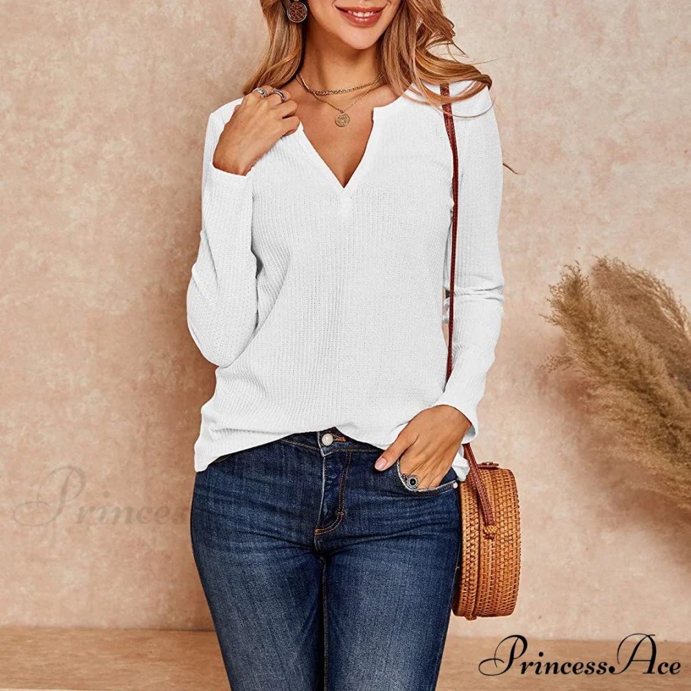 Waffle Neck Tops Knit Henley V for Women - Image 16