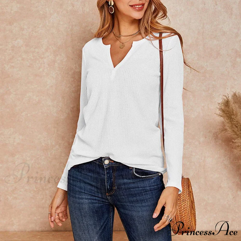 Waffle Neck Tops Knit Henley V for Women - Image 17