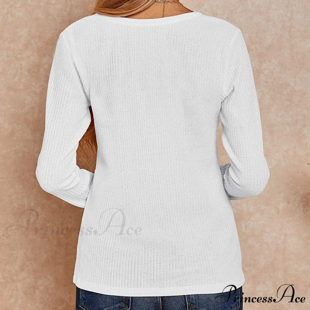 Waffle Neck Tops Knit Henley V for Women - Image 18