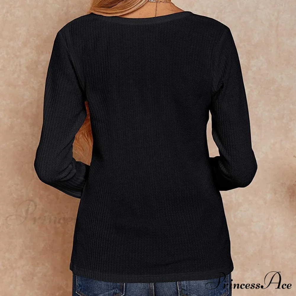 Waffle Neck Tops Knit Henley V for Women - Image 2