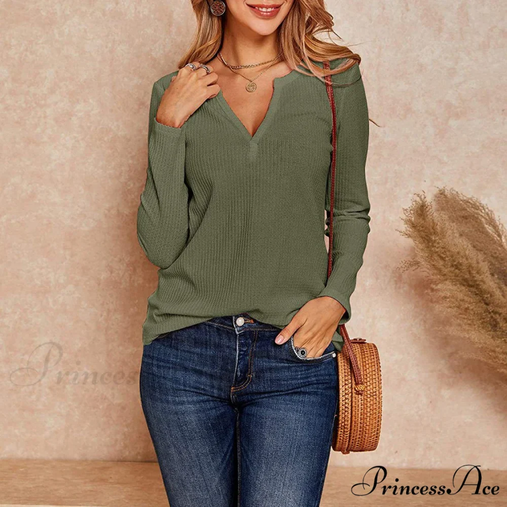 Waffle Neck Tops Knit Henley V for Women - Image 20