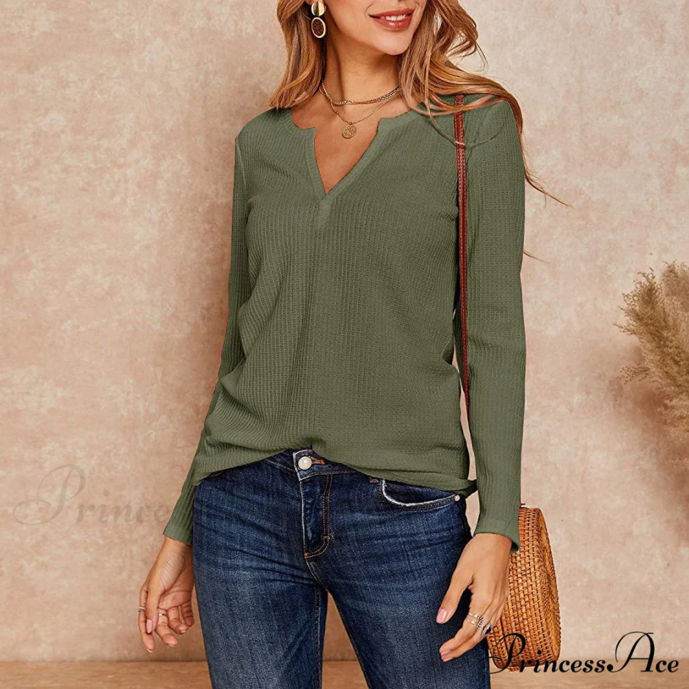 Waffle Neck Tops Knit Henley V for Women - Image 21
