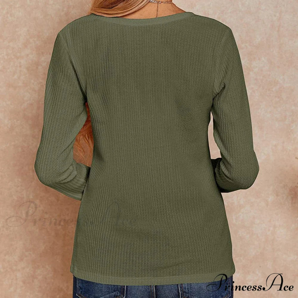 Waffle Neck Tops Knit Henley V for Women - Image 22