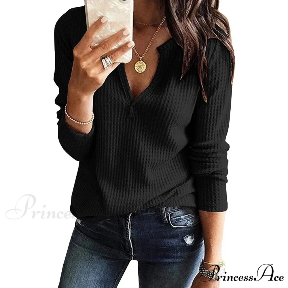 Waffle Neck Tops Knit Henley V for Women - Image 24