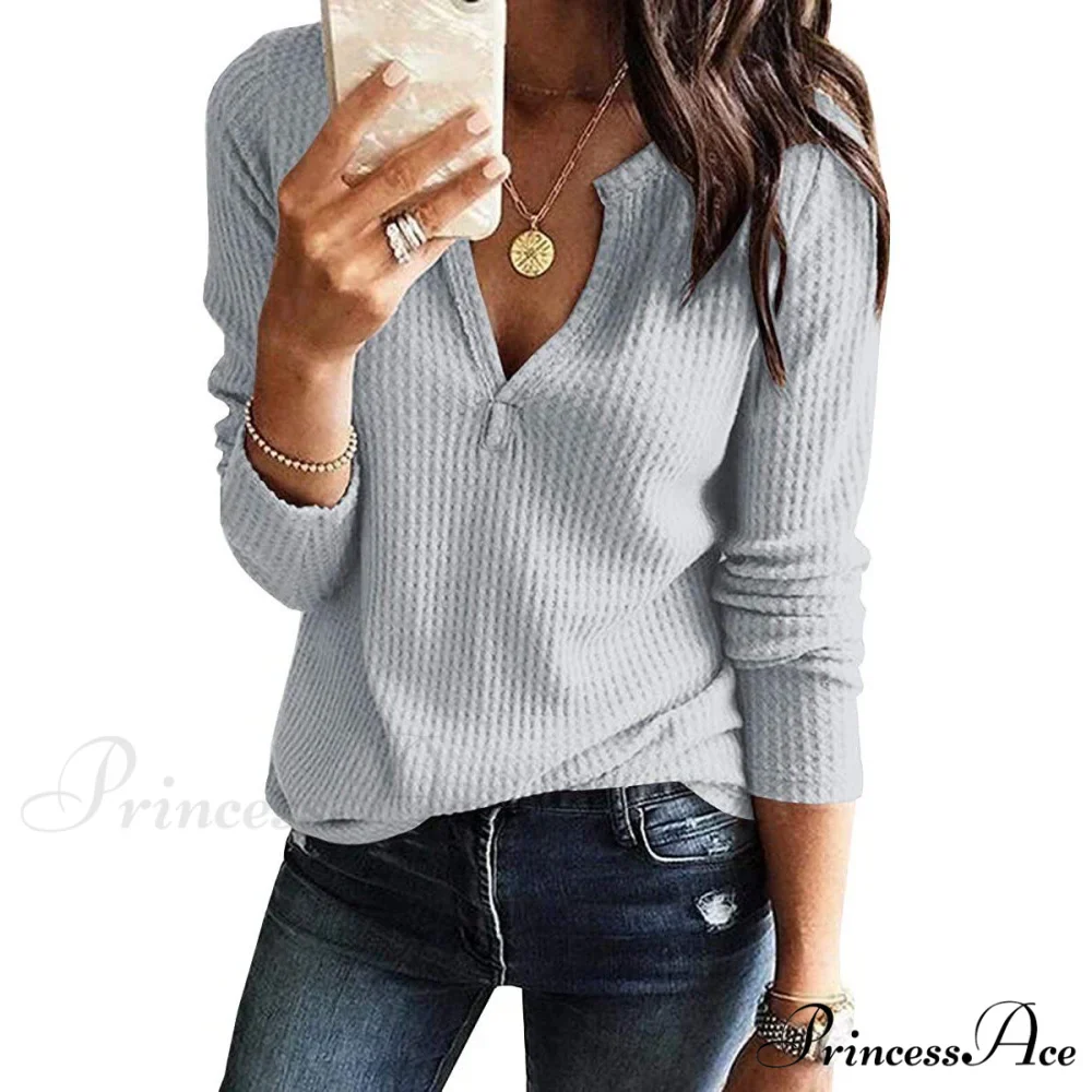 Waffle Neck Tops Knit Henley V for Women - Image 25