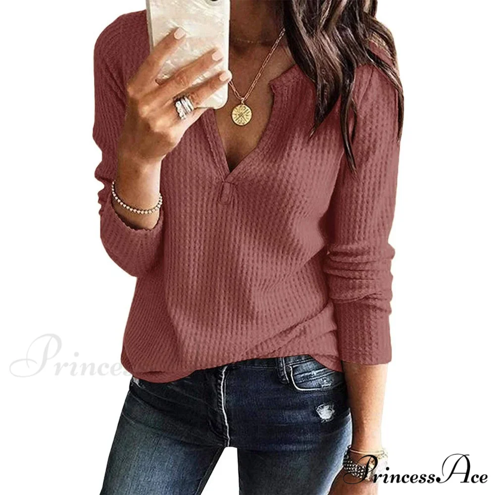 Waffle Neck Tops Knit Henley V for Women - Image 26
