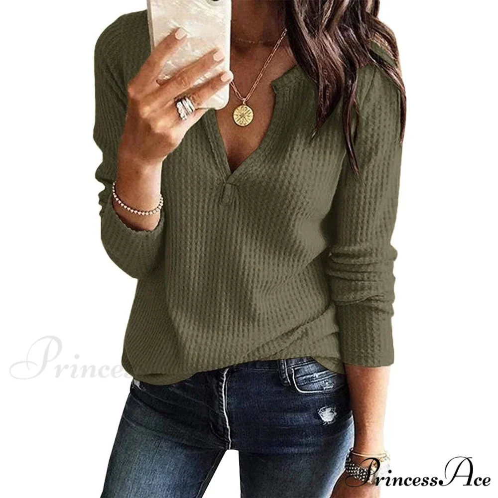 Waffle Neck Tops Knit Henley V for Women - Image 29