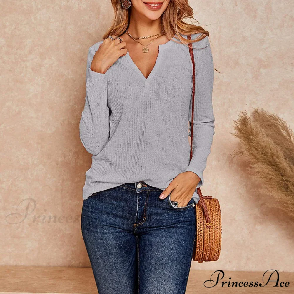 Waffle Neck Tops Knit Henley V for Women - Image 4