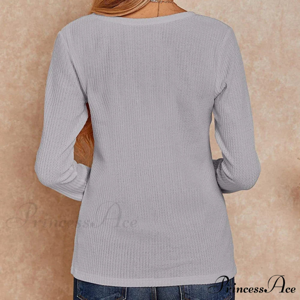 Waffle Neck Tops Knit Henley V for Women - Image 5