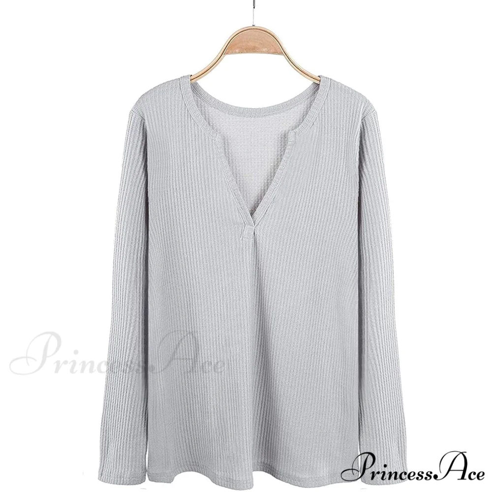 Waffle Neck Tops Knit Henley V for Women - Image 7