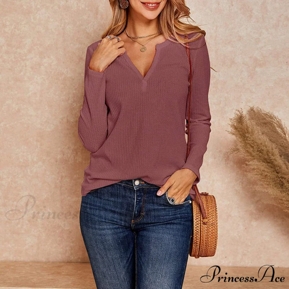 Waffle Neck Tops Knit Henley V for Women - Image 8
