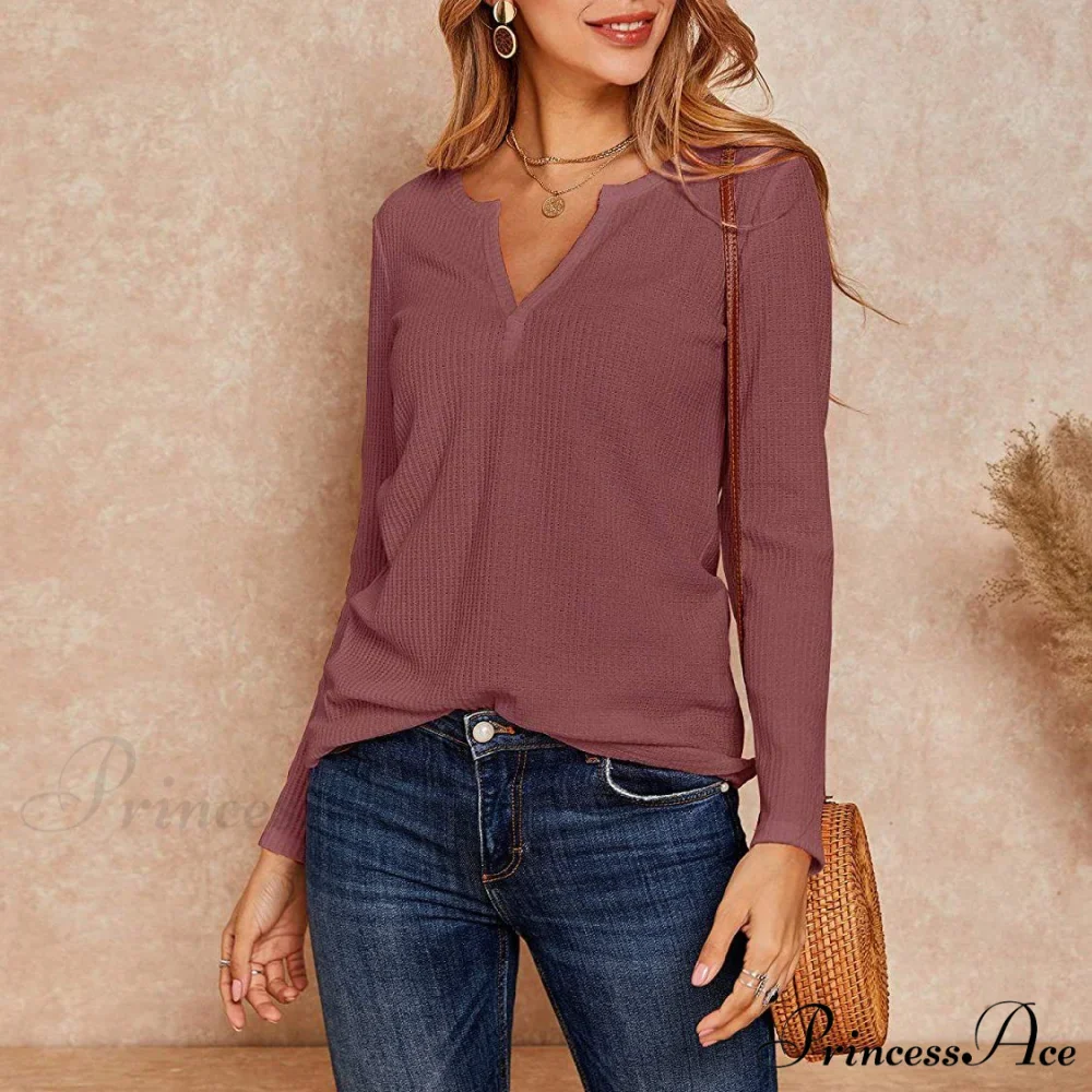 Waffle Neck Tops Knit Henley V for Women - Image 9