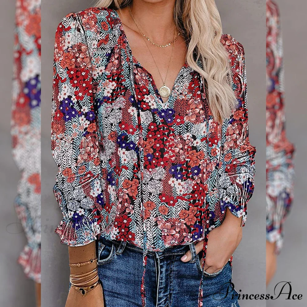 V-Neck Flowered Women's Bohemian Dokotoo Top - Image 5