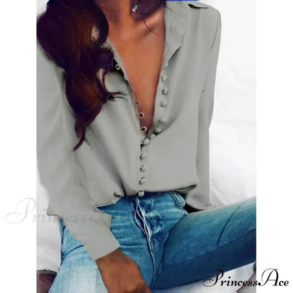 Blouse Blouse Women's - Neck Arm Solid V Long Button with Basic Colored Tops - Image 2